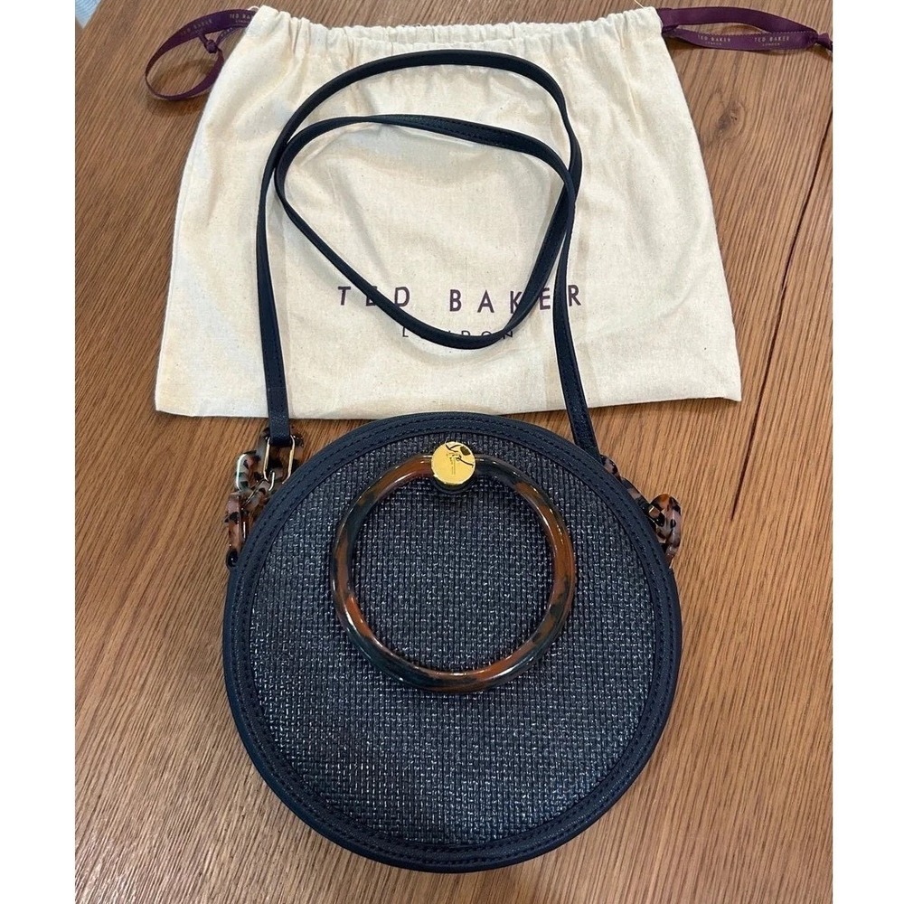 Ted Baker Agnett Round Woven Leather Crossbody Bag Tortoise Resin Handle Navy